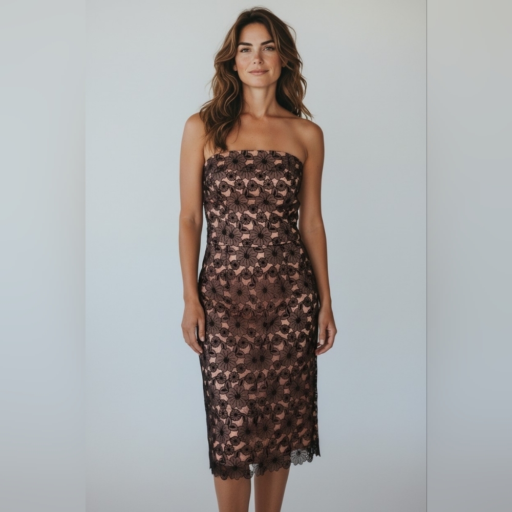 Mark Shale Strapless Black & Brown Organza Lace Overlay Lined Dress Misses 8